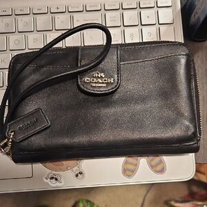 Coach Black Leather Wristlet with Gold Logo EUC